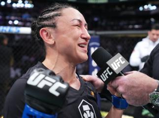 Carla Esparza reacts after her victory over Rose Namajunas during the UFC 274 event at Footprint Center on May 07, 2022 in Phoenix, Arizona. (Photo by Chris Unger/Zuffa LLC)