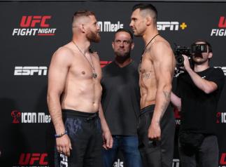 Jan Blachowicz of Poland and Aleksandar Rakic of Austria face off during the UFC Fight Night weigh-in at UFC APEX on May 13, 2022 in Las Vegas, Nevada. (Photo by Jeff Bottari/Zuffa LLC)