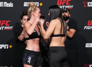 Holly Holm and Ketlen Vieira of Brazil face off during the UFC weigh-in at UFC APEX on May 20, 2022 in Las Vegas, Nevada. (Photo by Chris Unger/Zuffa LLC)