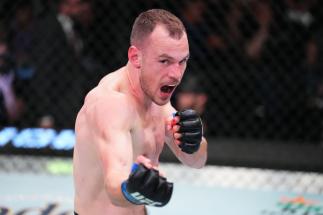 Uros Medic of Serbia reacts after his knockout victory over Omar Morales of Venezuela in a lightweight bout during the UFC Fight Night event at UFC APEX on May 21, 2022 in Las Vegas, Nevada. (Photo by Chris Unger/Zuffa LLC)