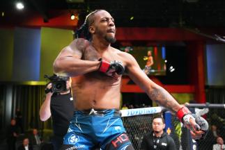 Joseph Holmes reacts after his submission victory over Alen Amedovski of Macedonia in a middleweight bout during the UFC Fight Night event at UFC APEX on May 21, 2022 in Las Vegas, Nevada. (Photo by Chris Unger/Zuffa LLC)