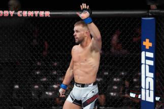 Cody Stamann reacts after defeating Eddie Wineland in a bantamweight fight during the UFC Fight Night event