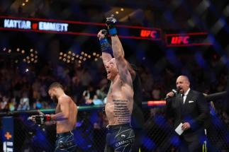 Josh Emmett reacts after defeating Calvin Kattar in a featherweight fight during the UFC Fight Night event