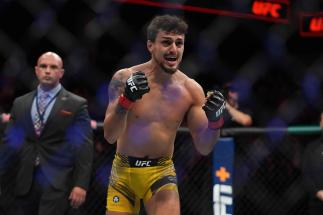 Ricardo Ramos of Brazil reacts after defeating Danny Chavez in a featherweight fight during the UFC Fight Night event