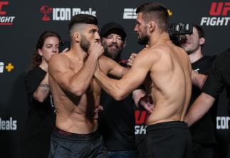 Arman Tsarukyan and Mateusz Gamrot get up close and personal at the weigh-in face offs before their fight at UFC Fight Night.