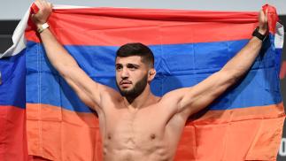 Arman Tsarukyan of Russia poses on the scale during the UFC Fight Night weigh-in at Yubileyny Sports Palace on April 19, 2019 in Saint Petersburg, Russia. (Photo by Jeff Bottari/Zuffa LLC/Zuffa LLC via Getty Images)