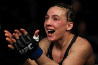 Vanessa Demopoulos reacts after defeating Silvana Gomez Juarez of Argentina by submission in their strawweight fight during the UFC 270 event at Honda Center on January 22, 2022 in Anaheim, California. (Photo by Katelyn Mulcahy/Getty Images)