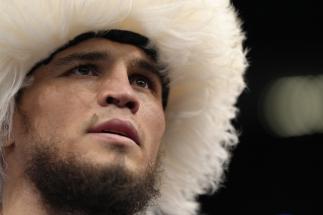 Umar Nurmagomedov of Russia reacts after his submission victory over Brian Kelleher in their featherweight fight during the UFC 272 event on March 05, 2022 in Las Vegas, Nevada. (Photo by Jeff Bottari/Zuffa LLC)