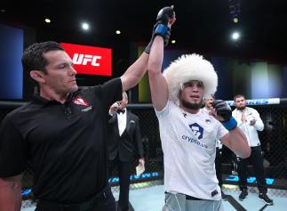 Umar Nurmagomedov of Russia reacts after his victory over Nate Maness in a bantamweight fight during the UFC Fight Night event at UFC APEX on June 25, 2022 in Las Vegas, Nevada. (Photo by Jeff Bottari/Zuffa LLC)