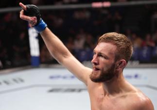 Jonathan Pearce reacts after his TKO victory over Makwan Amirkhani of Kurdistan in a featherweight fight during the UFC Fight Night event at O2 Arena