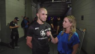 Muhammad Mokaev backstage at UFC London with host McKenzie Pavacich