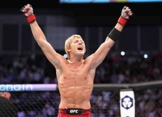Paddy Pimblett of England celebrates after his victory over Jordan Leavitt in a lightweight fight during the UFC Fight Night event at O2 Arena