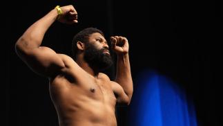 Curtis Blaydes poses on the scale during the UFC Fight Night ceremonial weigh-in at Nationwide Arena on March 25, 2022 in Columbus, Ohio. (Photo by Mike Roach/Zuffa LLC)