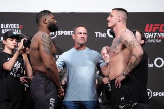 LONDON, ENGLAND - JULY 22: (L-R) Curtis Blaydes and Tom Aspinall of England face off during the UFC Fight Night ceremonial weigh-in at O2 Arena on July 22, 2022 in London, England. (Photo by Jeff Bottari/Zuffa LLC)