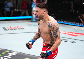 Alex Perez reacts after his knockout victory against Matheus Nicolau of Brazil in a flyweight bout during the UFC Fight Night event at UFC APEX on April 27, 2024 in Las Vegas, Nevada. (Photo by Chris Unger/Zuffa LLC)