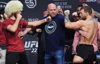 LAS VEGAS, NV - OCTOBER 05: (L-R) Opponents Khabib Nurmagomedov of Russia and Conor McGregor of Ireland face off during the UFC 229 weigh-in inside T-Mobile Arena on October 5, 2018 in Las Vegas, Nevada. (Photo by Josh Hedges/Zuffa LLC/Zuffa LLC via Gett