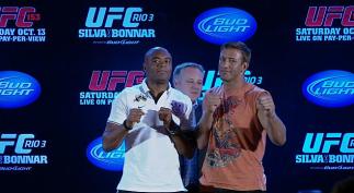 Anderson Silva and Stephan Bonnar happily face off for the crowd at the UFC 153 pre fight press conference in Brazil