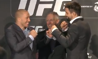 GSP, Condit, and Wright exchange laughs as they face of after the UFC 154 on sale press conference in Montreal.