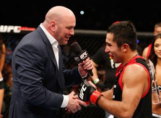 MEXICO CITY, MEXICO - NOVEMBER 15:  (L-R) UFC President Dana White congratulates Alejandro Perez after his victory over Jose Quinonez in their bantamweight bout and becomes the winner of the Ultimate Fighter Latin Americaduring the UFC 180 event at Arena 