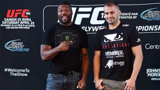 MONTREAL, QC - APRIL 23: (L-R) Quinton 'Rampage' Jackson and Fabio Maldonado face off for the media during the UFC 186 Ultimate Media Day at Scena on April 23, 2015 in Montreal, Quebec, Canada. (Photo by Jeff Bottari/Zuffa LLC/Zuffa LLC via Getty Images)