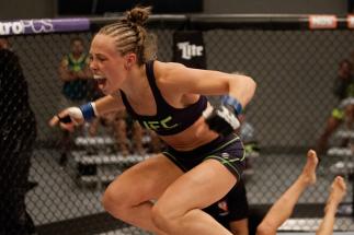 LAS VEGAS, NV - AUGUST 14: Team Melendez fighter Rose Namajunas reacts after submitting team Pettis fighter Randa Markos during filming of season twenty of The Ultimate Fighter on August 14, 2014 in Las Vegas, Nevada. (Photo by Brandon Magnus/Zuffa LLC/Z