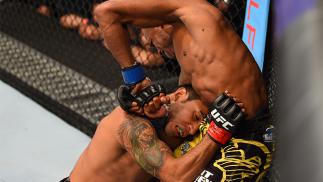 MEXICO CITY, MEXICO - JUNE 13: Patrick Williams of the United States attempts to submit Alejandro Perez of Mexico in their bantamweight bout during the UFC 188 event at the Arena Ciudad de Mexico on June 13, 2015 in Mexico City, Mexico. (Photo by Josh He