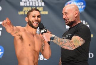 LAS VEGAS, NV - JULY 10: (L-R) Chad Mendes speaks with Joe Rogan during the UFC 189 weigh-in inside MGM Grand Garden Arena on July 10, 2015 in Las Vegas, Nevada. (Photo by Josh Hedges/Zuffa LLC)