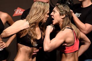 RIO DE JANEIRO, BRAZIL - JULY 31: UFC Bantamweight Champion Ronda Rousey of the United States and Bethe Correia of Brazil face off during their UFC 190 weigh-in at HSBC Arena on July 31, 2015 in Rio de Janeiro, Brazil. (Photo by Buda Mendes/Zuffa LLC/Zu