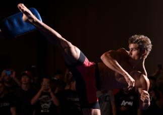 HOUSTON, TX - SEPTEMBER 30: Sage Northcutt holds an open training session for fans and media at the Westin Hotel on September 30, 2015 in Houston, Texas. (Photo by Josh Hedges/Zuffa LLC/Zuffa LLC via Getty Images)