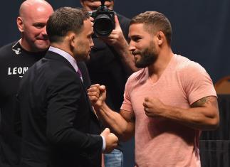 LAS VEGAS, NV - SEPTEMBER 04:  (L-R) Frankie Edgar and Chad Mendes face off during the UFC's Go Big launch event inside MGM Grand Garden Arena on September 4, 2015 in Las Vegas, Nevada.  (Photo by Josh Hedges/Zuffa LLC/Zuffa LLC via Getty Images)