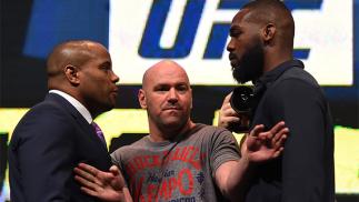LAS VEGAS, NV - MARCH 04: (L-R) Opponents Daniel Cormier and Jon Jones face off during the UFC Unstoppable launch press conference at the MGM Grand Garden Arena on March 4, 2016 in Henderson, Nevada. (Photo by Josh Hedges/Zuffa LLC/Zuffa LLC via Getty Im