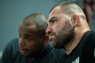 SAN JOSE, CA - JANUARY 05:  (R-L) Cain Velasquez works out  with light heavyweight champion Daniel Cormier during a media day at American Kickboxing Academy on January 5, 2016 in San Jose, California.  (Photo by Brandon Magnus/Zuffa LLC/Zuffa LLC via Gett