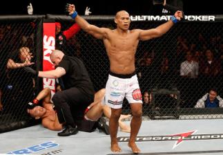 BELO HORIZONTE, BRAZIL - SEPTEMBER 04: Ronaldo "Jacare" Souza reacts after knocking out Yushin Okami in their middleweight fight during the UFC on FOX Sports 1 event at Mineirinho Arena on September 4, 2013 in Belo Horizonte, Brazil. (Photo by Josh Hedge