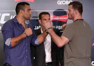 CURITIBA, BRAZIL - MAY 12: Heavyweight fighters Fabricio Werdum (L) of Brazil and Stipe Miocic of the United States face off during Ultimate Media Day at Arena da Baixada stadium on May 12, 2016 in Curitiba, Parana. (Photo by Buda Mendes/Zuffa LLC/Zuffa