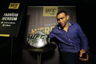 CURITIBA, BRAZIL - MAY 12: Heavyweight champion Fabricio Werdum of Brazil speaks to the media during Ultimate Media Day at Arena da Baixada stadium on May 12, 2016 in Curitiba, Parana, Brazil. (Photo by Buda Mendes/Zuffa LLC/Zuffa LLC via Getty Images)