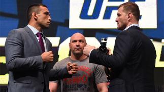 LAS VEGAS, NV - MARCH 04: (L-R) Opponents Fabricio Werdum and Stipe Miocic face off during the UFC Unstoppable launch press conference at the MGM Grand Garden Arena on March 4, 2016 in Las Vegas, Nevada. (Photo by Josh Hedges/Zuffa LLC/Zuffa LLC via Gett