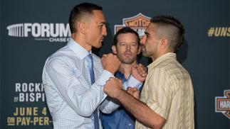 INGLEWOOD, CA - JUNE 02: (L-R) Max Holloway and Ricardo Lamas face off during the UFC 199: Ultimate Media Day at the Forum on June 2, 2016 in Inglewood, California. (Photo by Brandon Magnus/Zuffa LLC/Zuffa LLC via Getty Images)