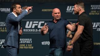 INGLEWOOD, CA - JUNE 02: (L-R) Middleweight champion Luke Rockhold and Michael Bisping face off during the UFC 199: Press Conference at the Forum on June 2, 2016 in Inglewood, California. (Photo by Brandon Magnus/Zuffa LLC/Zuffa LLC via Getty Images)