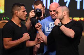 LAS VEGAS, NV - APRIL 20: (L-R) Opponents Rafael Dos Anjos of Brazil and Eddie Alvarez face off during the UFC 200 press conference at the MGM Grand Garden Arena on April 20, 2016 in Las Vegas, Nevada. (Photo by Josh Hedges/Zuffa LLC/Zuffa LLC via Getty