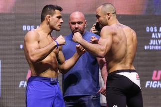 LAS VEGAS, NV - JULY 06: (L-R) UFC lightweight champion Rafael dos Anjos and challenger Eddie Alvarez face off during the UFC Fight Night Weigh-in event at the T-Mobile Arena on July 6, 2016 in Las Vegas, Nevada. (Photo by Ed Mulholland/Zuffa LLC/Zuffa LL