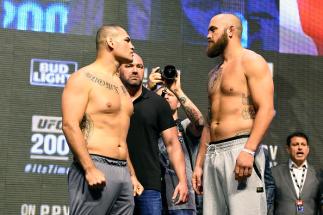 LAS VEGAS, NV - JULY 08: (L-R) Opponents Cain Velasquez and Travis Browne face off during the UFC 200 weigh-in at T-Mobile Arena on July 8, 2016 in Las Vegas, Nevada. (Photo by Josh Hedges/Zuffa LLC/Zuffa LLC via Getty Images)