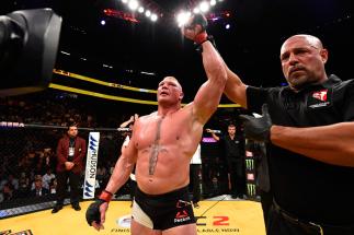 LAS VEGAS, NV - JULY 09: Brock Lesnar reacts to his victory over Mark Hunt of New Zealand in their heavyweight bout during the UFC 200 event on July 9, 2016 at T-Mobile Arena in Las Vegas, Nevada. (Photo by Josh Hedges/Zuffa LLC/Zuffa LLC via Getty Imag