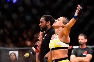 LAS VEGAS, NV - JULY 09: Amanda Nunes of Brazil reacts after defeating Miesha Tate during the UFC 200 event on July 9, 2016 at T-Mobile Arena in Las Vegas, Nevada. (Photo by Jeff Bottari/Zuffa LLC/Zuffa LLC via Getty Images)