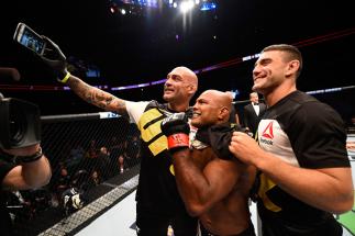 ATLANTA, GA - JULY 30: Wilson Reis takes a selfie with his team after his submission victory over Hector Sandoval in their flyweight bout during the UFC 201 event on July 30, 2016 at Philips Arena in Atlanta, Georgia. (Photo by Jeff Bottari/Zuffa LLC/Zuf