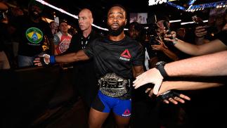 ATLANTA, GA - JULY 30: Tyron Woodley celebrates his knockout victory over Robbie Lawler in their welterweight championship bout during the UFC 201 event on July 30, 2016 at Philips Arena in Atlanta, Georgia. (Photo by Jeff Bottari/Zuffa LLC/Zuffa LLC via