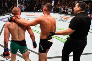 LAS VEGAS, NV - AUGUST 20: Nate Diaz embraces Conor McGregor of Ireland after their welterweight bout during the UFC 202 event at T-Mobile Arena on August 20, 2016 in Las Vegas, Nevada. (Photo by Josh Hedges/Zuffa LLC/Zuffa LLC via Getty Images)