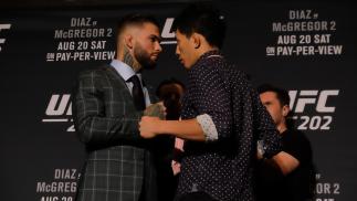 Cody Garbrandt and Takeya Mizugaki at the UFC 202 media day (Photo credit: Juan Cardenas)