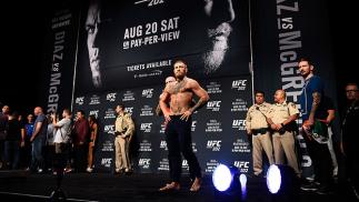 LAS VEGAS, NV - AUGUST 19: Conor McGregor of Ireland waits on stage during the UFC 202 weigh-in at the MGM Grand Marquee Ballroom on August 19, 2016 in Las Vegas, Nevada. (Photo by Jeff Bottari/Zuffa LLC/Zuffa LLC via Getty Images)