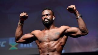 Uriah Hall poses on the scale during the UFC Fight Night weigh-in at Rogers Arena on September 13, 2019 in Vancouver, British Columbia, Canada. (Photo by Jeff Bottari/Zuffa LLC)