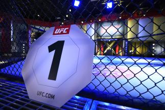 A detail general view angle of the UFC Octagon Girl round one card in front of the UFC Octagon during the UFC Fight Night at UFC APEX on November 28, 2020 in Las Vegas, Nevada. (Photo by Chris Unger/Zuffa LLC)